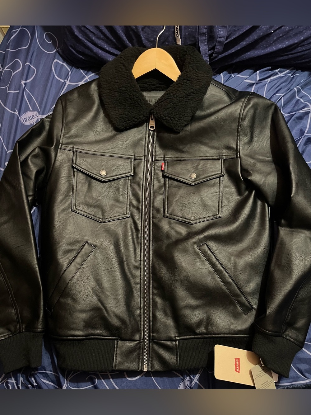 Levi's Black Faux Leather Bomber Jacket with Sherpa Collar